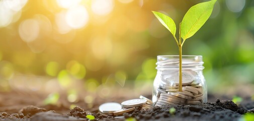 Poster - A jar filled with coins and a small plant