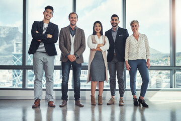 Fototapete - Group, business people and portrait in startup with smile in office, confident for entrepreneurship with property. Team, agent and workplace with happiness for real estate company with inclusion