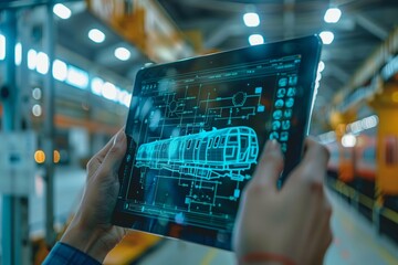 Tablet with a drawing in electronic form on a tablet in a worker's hands, development, production, assembly of air transport for a passenger electric train rail carriage