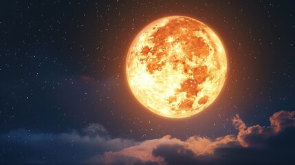 Wall Mural - detailed full moon with orange hue on night sky with copy space