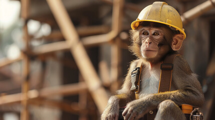 Monkey posing as a construction worker with a hard hat and tool belt 