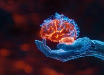 Poster - futuristic robotic hand holding a glowing digital brain in a high-tech environment