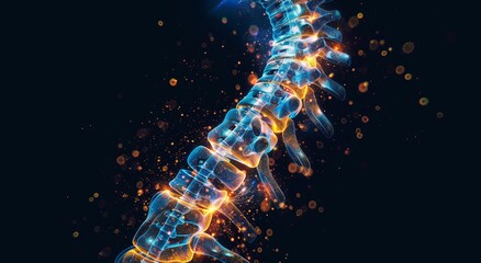 Digitally enhanced human spine with vivid blue and orange highlights on dark background