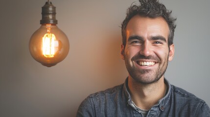 Sticker - A man with a smile on his face is standing in front of a light bulb