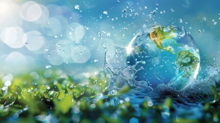world water week. horizontal banner. blue drop of water symbolizing planet earth on a blue backgroun