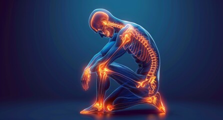 Human body experiencing joint pain with illustrated glowing bones and joints