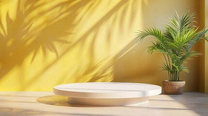 A white pedestal with a plant in a basket sits in front of a yellow wall. Product presentation background
