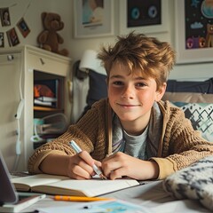 Wall Mural - Portrait of a smiling boy looking at camera, doing homework in his bedroom.