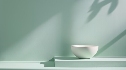 Wall Mural - A white bowl sits on a pedestal in front of a green wall. Product presentation background