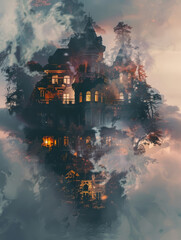 Sticker - Haunting double exposure image of a spooky,decaying manor silhouetted against a moody,supernatural night sky. Symbolizes the paranormal and offers copy space for text overlay.