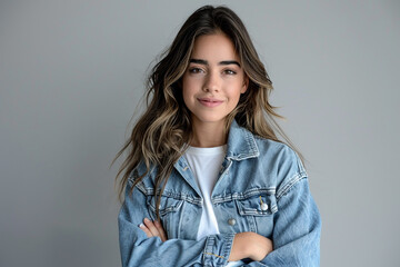 Sticker - Teen girl in a denim jacket with arms crossed, standing confidently against a gray background.