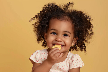 Sticker - Toddler with curly hair enjoying a snack against a yellow background, expressing happiness and innocence.