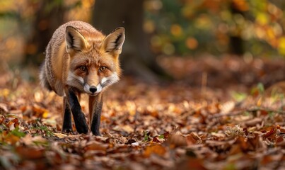 Wall Mural - Fox walking through the forest, autumn leaves on the ground