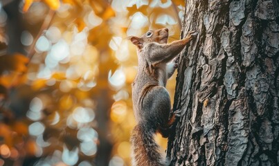 Wall Mural - Squirrel climbing up a tree trunk