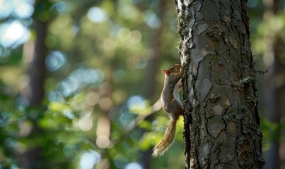 Wall Mural - Squirrel climbing up a tree trunk