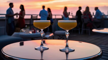 Poster - Two glasses of orange juice on a table with people in the background, AI