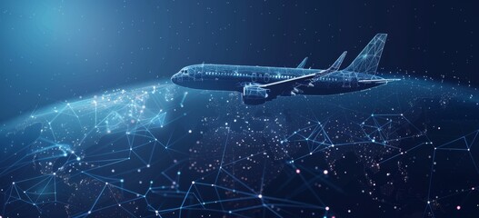 Poster - Digital airplane flying over connected world, representing global aviation and advanced technology