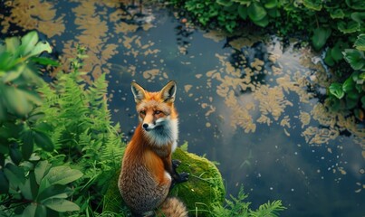 Wall Mural - Top view of a fox sitting by a river, lush greenery