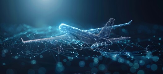 Poster - Low poly airplane made of glowing points and lines flying in a digital network landscape
