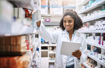 Poster - Pharmacy, healthcare and black woman with medicine, tablet and inventory with checklist in store for pills. Shop, person and smile for process of prescription, online and working of employee in job