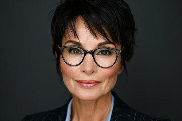 Wall Mural - Close-up portrait of a middle aged woman, studio photo, against a sleek gray studio backdrop