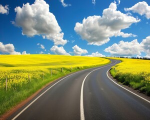 Wall Mural - Tranquil country road winding through lush canola fields under a blue sky with fluffy white clouds