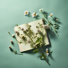 Wall Mural - Table top photography mockup of green book with white flowers on green background