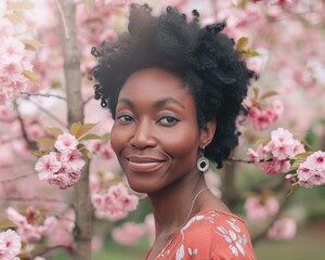 Cheerful african american woman posing by blooming cherry tree in a vibrant outdoor park setting