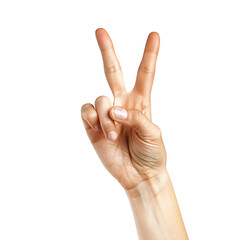 Female hand showing 2 fingers or Victory gesture, on white. Hand of woman with copy space. Hand doing gesture of number Two.