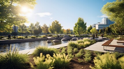 Wall Mural - Panoramic view of a city park in the morning light.