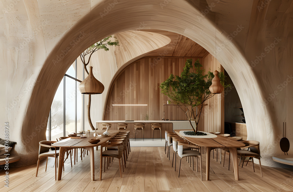 modern interior design, dining room with curved wood walls and table ...