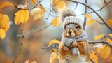 Cute squirrel animal wearing cozy warm clothes hat and scarf wallpaper background