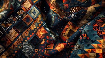 Poster - Geometric textile design boasts intricate patterns and vibrant colors, merging tradition with modern flair.