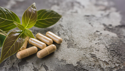 dietary supplement pills with green leaves on cement background. immunity support product.