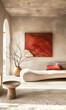 © Jounn - Modern and minimalist interior with a color palette dominated by beige and white tones, modern and curved textured sofa, abstract painting in deep red tone, ceramics, and sunlight.