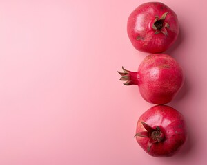 Top view of ripe pomegranates on pink background with copy space for text in flat lay composition