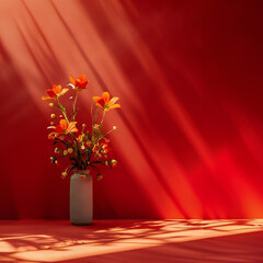 Wall Mural - A red vase with a branchon flowers a table.