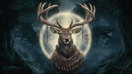 Sticker - A deer with a headdress and antlers in the woods, AI