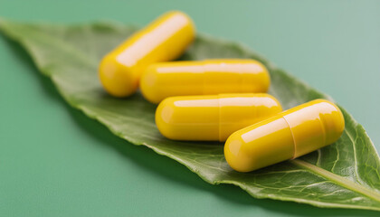 Wall Mural - Yellow capsules on leaf isolated over green background. Alternative medicine. Close-up.