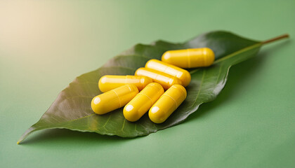 Wall Mural - Yellow capsules on leaf isolated over green background. Alternative medicine. Close-up.