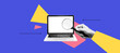 © annetdebar - Geometric abstract bg with halftone collage elements. Hand hold magnifying glass and searching at the laptop screen. App cover mockup. Bold and bright popart banner. Vector illustration.