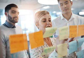 Poster - Team, brainstorming and business people with glass board, project ideas or sticky note in office. Branding agency, diversity and group of employees in meeting for planning, agenda or writing on paper