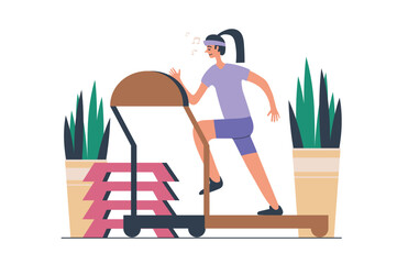 Aufkleber - Gym training web concept with people scene in flat design. Sporty woman making fitness workout and running at cardio treadmill at sport club. Vector illustration with character situation for web