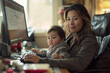 © Sage Studios - Latina Woman Professional Mom Multitasking with Baby Toddler Child on Lap while Working from Home with Flexible Schedule