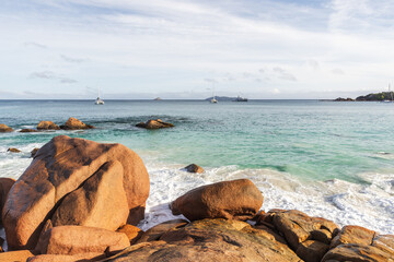 Wall Mural - Coastal landscape of Praslin island, Seychelles. Anse Lazio beach