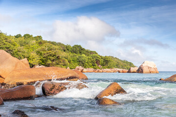 Wall Mural - Coastal landscape of Anse Lazio beach of Praslin island on a summer day