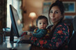 © Sage Studios - Latina Woman Professional Mom Multitasking with Baby Toddler Child on Lap while Working from Home with Flexible Schedule