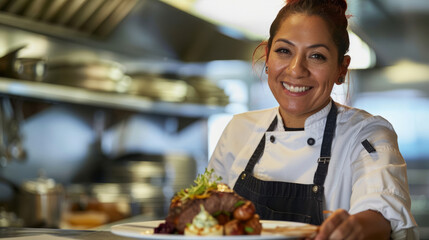 A female chef in a white uniform and apron presents a gourmet meal on a plate in a restaurant kitchen