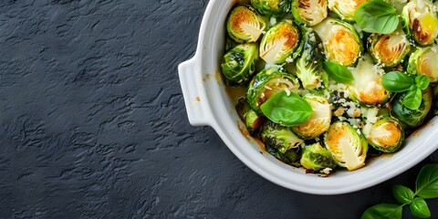 Wall Mural - Brussels Sprouts Casserole Roasted with Butter and Parmesan, Top View. Concept Food Photography, Brussels Sprouts, Casserole Recipe, Roasted Vegetables, Top-Down Shot