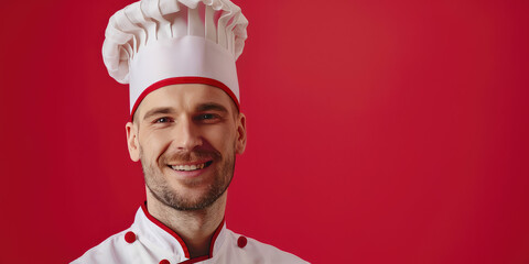 Wall Mural - Chef man smiling on colored background with copy space. Young cook in uniform banner template.